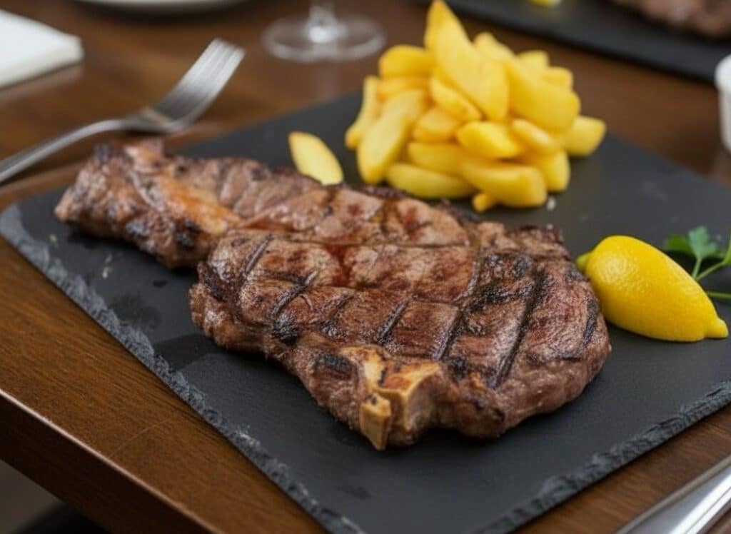 Entrecot con patatas fritas cocinado a la brasa