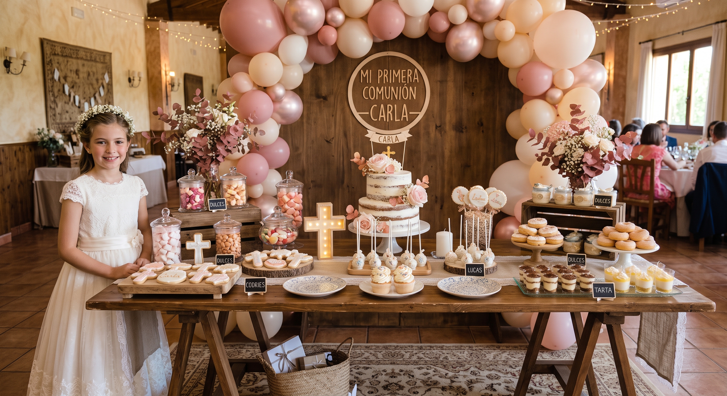 Decoración de comunión para niña y mesa dulce con tarta en Restaurante Padilla Granada