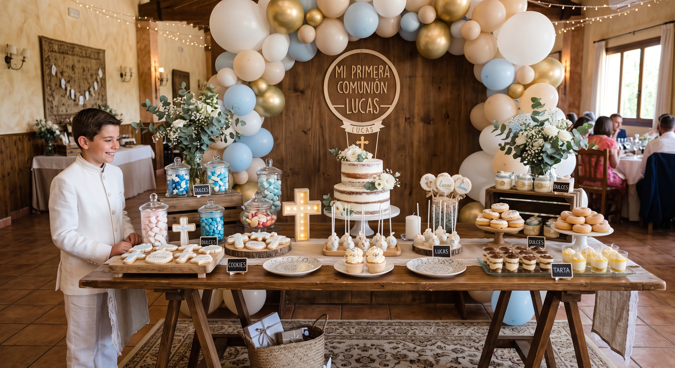 Mesa dulce de comunión para niño con tarta artesanal y decoración en Restaurante Padilla Granada